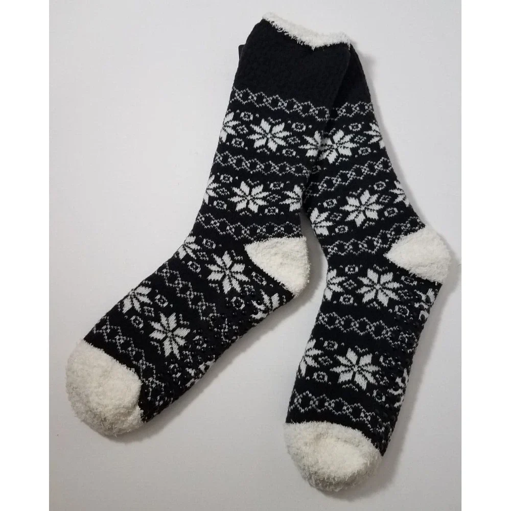 Cuddl Duds Socks Women 4-10 Double Layer Lounge Plush Non-Skid Bottoms Black NEW